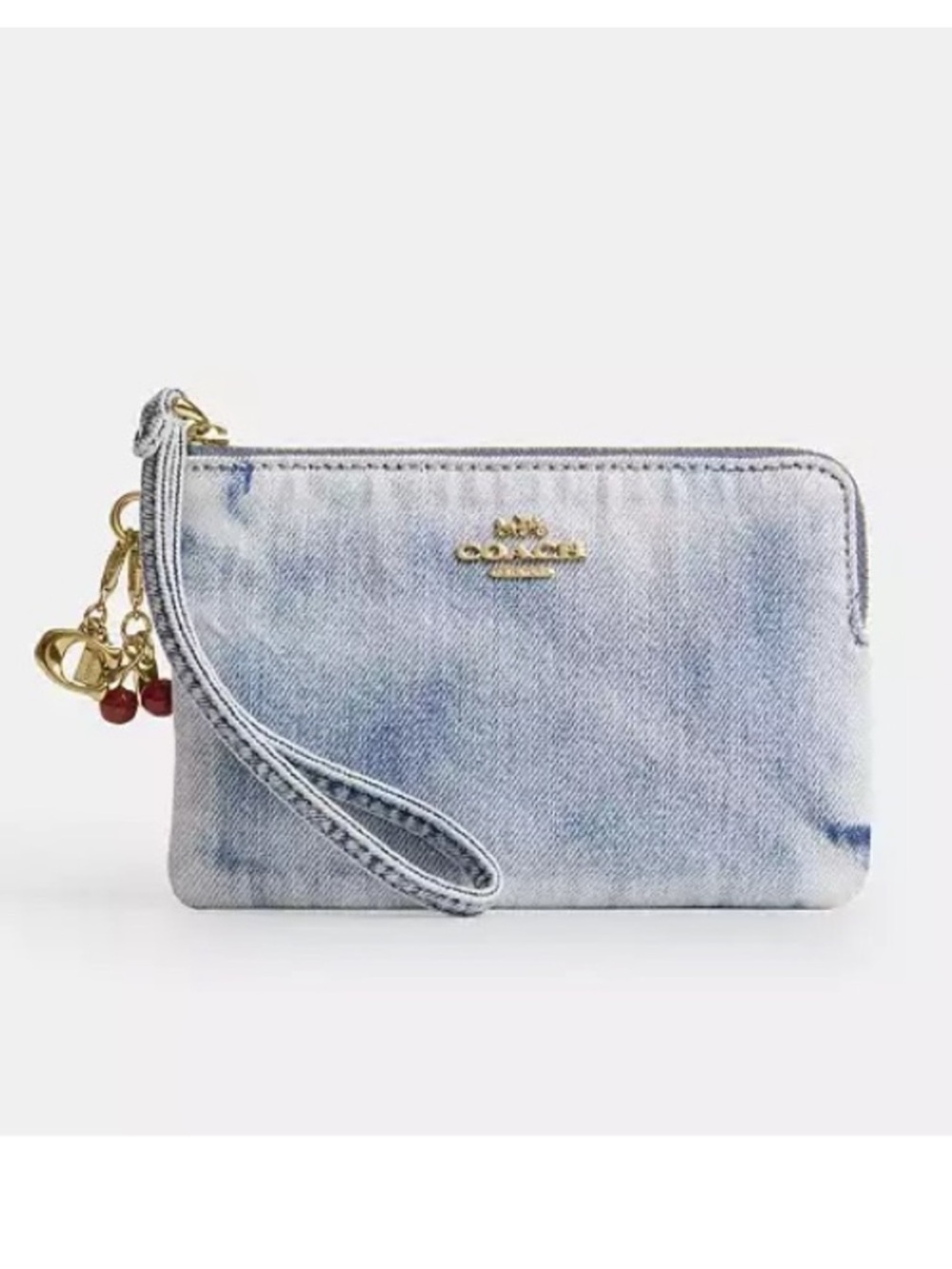 Coach Light Blue Tie-Dye Denim Wristlet with Gold Accents